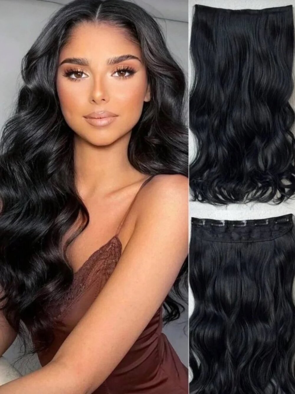 One Piece Black Hair Extensions — 22” Long | Natural Wave | Clip-In Volumizer